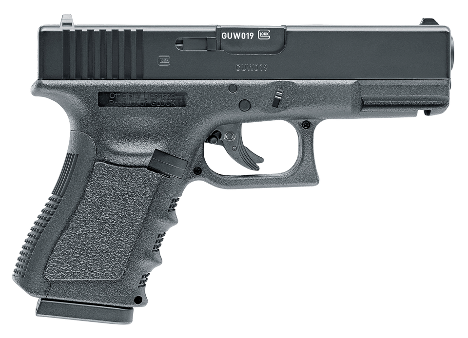 Umarex Glock 19 Gen3 CO2 .177 BB air pistol with metal slide, 16+1 capacity, fixed sights, and authentic Glock styling for training and plinking.
