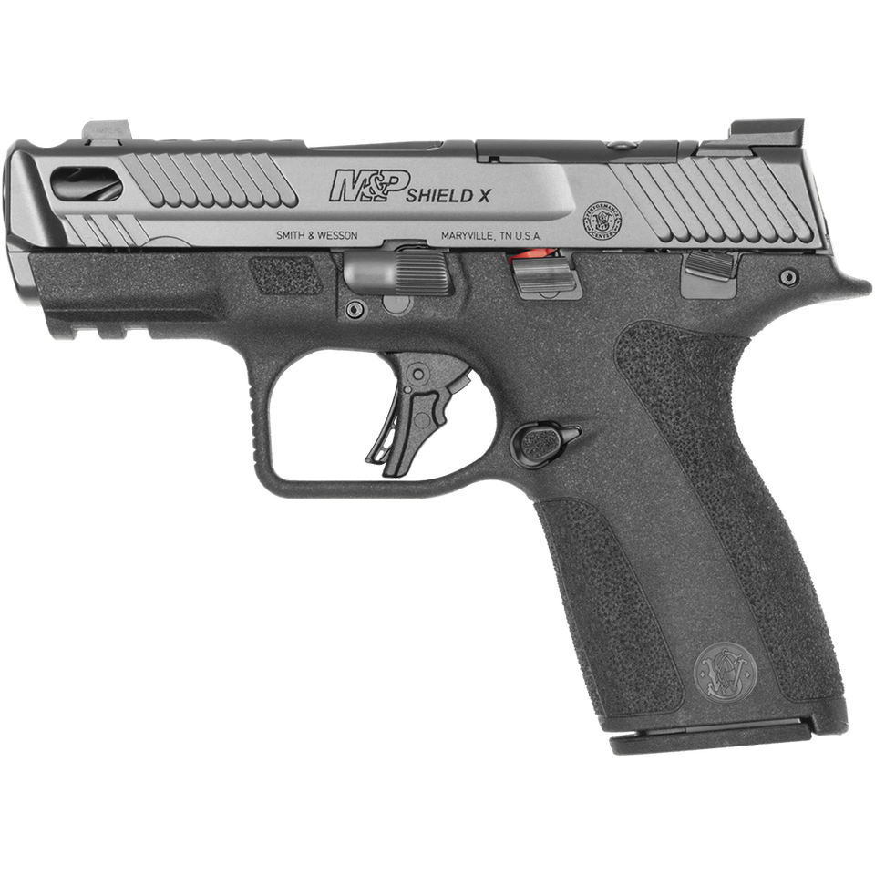 Smith & Wesson M&P Shield X Carry Comp 9mm CA-compliant pistol with ported barrel, optic-ready slide, night sights, and two 10-round magazines.