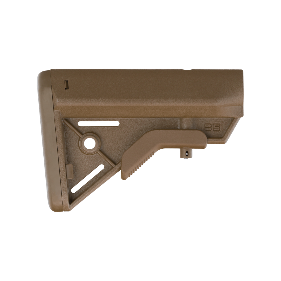 Shop the B5 Systems Bravo Stock in Coyote Brown for MIL-SPEC carbine buffer tubes. Features ergonomic SOPMOD cheek weld, anti-rotation QD mount, and lightweight 9.3 oz design.