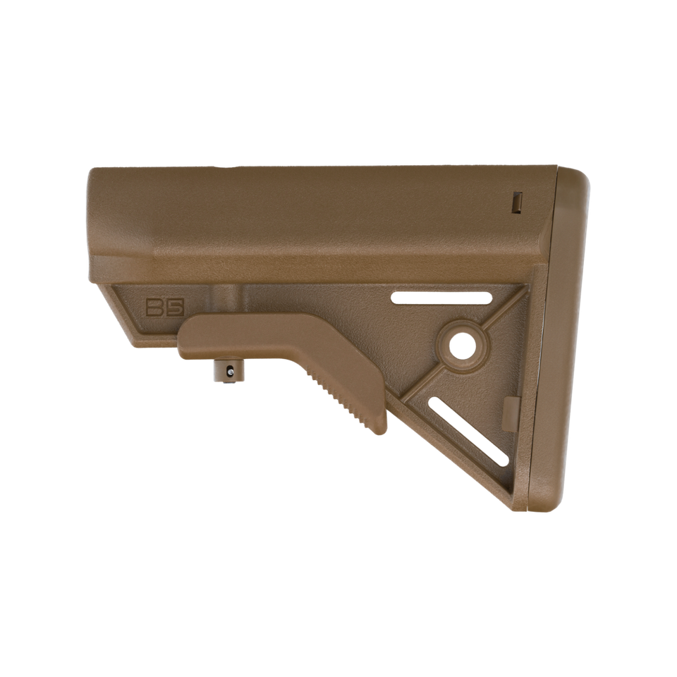 Shop the B5 Systems Bravo Stock in Coyote Brown for MIL-SPEC carbine buffer tubes. Features ergonomic SOPMOD cheek weld, anti-rotation QD mount, and lightweight 9.3 oz design.