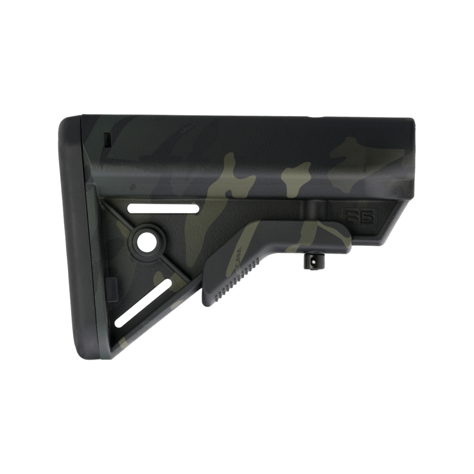 Shop the B5 Systems Bravo Stock in MultiCam Black for MIL-SPEC carbine buffer tubes. Features ergonomic SOPMOD cheek weld, anti-rotation QD mount, and lightweight 9.3 oz design.