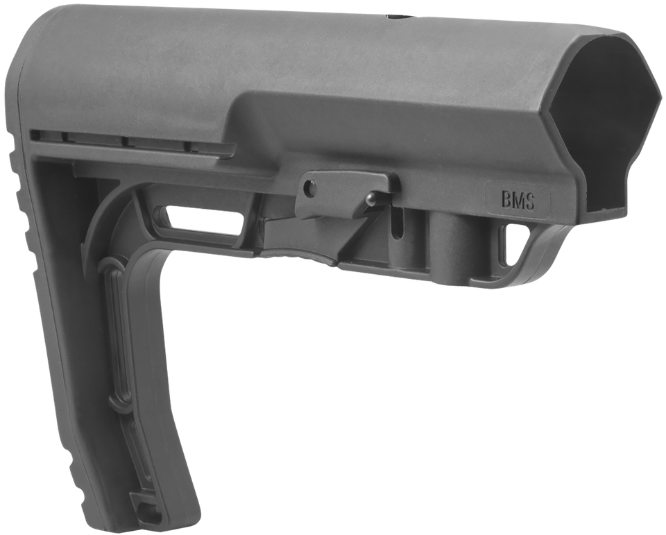 Shop the Mission First Tactical Battlelink Minimalist Commercial Stock in Black (BMS). Features reinforced polyamide, angled rubber buttpad & QD sockets.