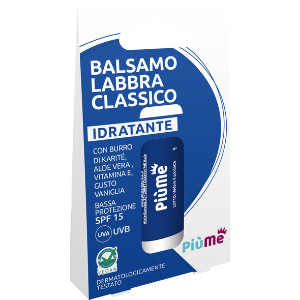 PIUME BALSAMO LABBRA CLASSICO IDRATANTE CON BURRO DI KARITE, ALOE VERA, VITAMINA E, GUSTO VANIGLIA