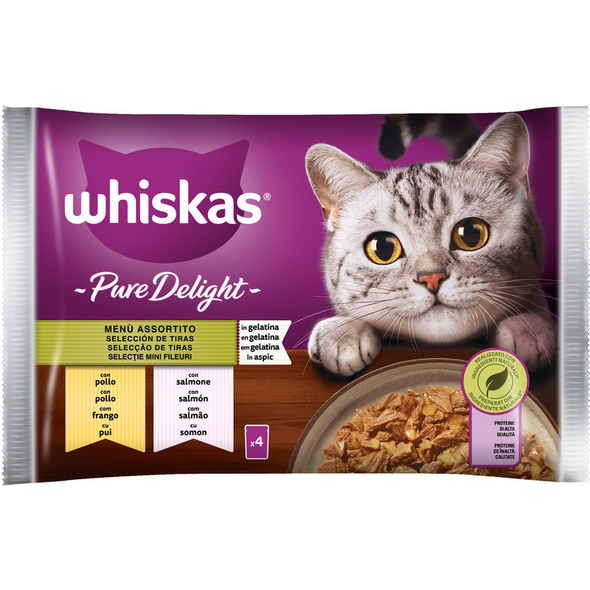 WHISKAS PURE DELIGHT MENU' ASSORTITO BUSTA 4x85gr POLLO, SALMONE IN GELATINA