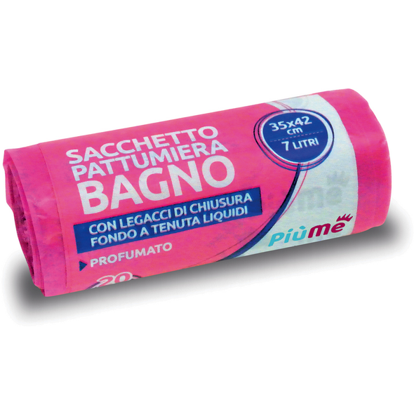 PIUME SACCHETTO PATTUMIERA BAGNO 35x42 7 LITRI 20 PEZZI CON LEGACCIO PROFUMATI ROSA