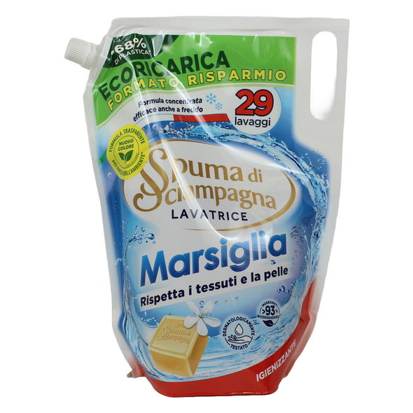 SPUMA DI SCIAMPAGNA DETERSIVO LIQUIDO BUCATO LAVATRICE ECORICARICA MARSIGLIA IGIENIZZANTE BUSTA 29 LAVAGGI 

