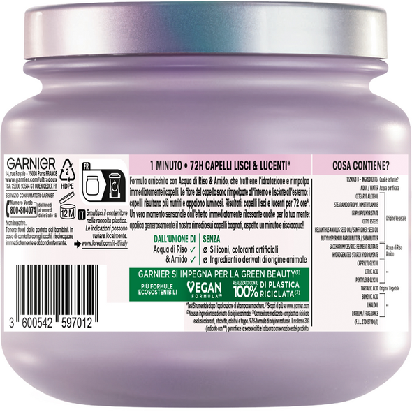 ULTRA DOLCE MASCHERA CAPELLI LISCIANTE INFUSO DI ACQUA DI RISO & AMIDO CAPELLI LUNGHI 340 ML 