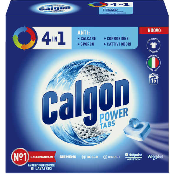 CALGON TABS 4 IN 1  ANTICALCARE ANTISPORCO ANTICORROSIONE ANTI CATTIVI ODORI 15 TABS 195 GR.