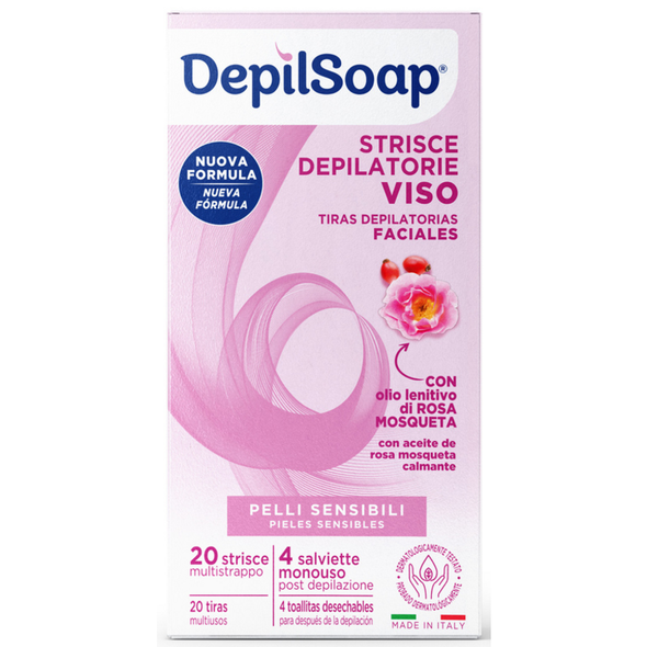 DEPILSOAP 20 STRISCE DEPILATORIE VISO + 4 SALVIETTE POST DEPILAZIONE PELLI SENSIBILI 