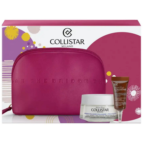 COLLISTAR COFANETTO ATTIVI PURI CREMA BALSAMO COLLAGENE CON MALACHITE 50 ML + CONTORNO OCCHI ACIDO IALURONICO CON PEPTIDI 5 ML + BEAUTY BAG FUCSIA