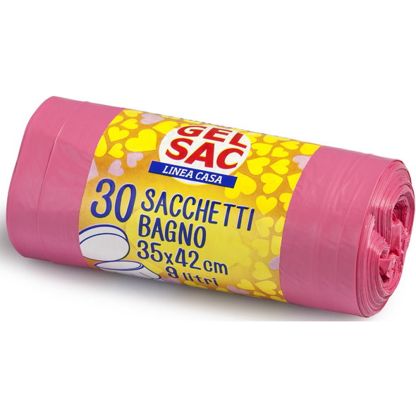 GEL SAC 30 SACCHETTI BAGNO ROSA PROFUMATI 35x42 CM 8 LITRI ROTOLO 