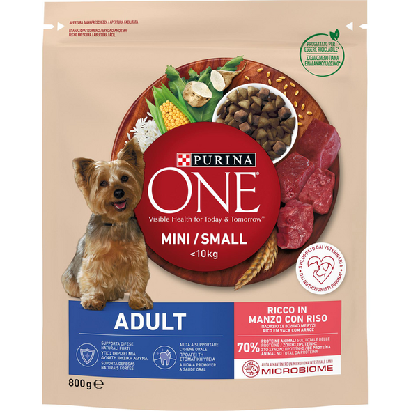 PURINA ONE MY DOG MINI SMOLL <10 KG ADULT BUSTA MANZO CON RISO 800 GRAMMI
