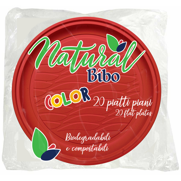 BIBO NATURAL COLOR PIATTI PIANI ROSSI 21,5 DM BIODEGRADABILI e COMPOSTABILI 20 PEZZI