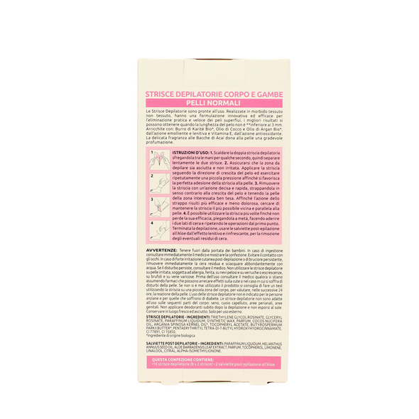 PIUME STRISCE DEPILATORIE CORPO E GAMBE CON BURRO DI KARITE' BIO, OLIO DI ARGAN BIO, CERA D'API & VITAMINA E PELLI NORMALI 16 PZ