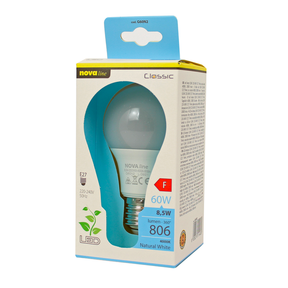 NOVALINE LAMPADINA LED GOCCIA 8,5W - LED EPISTAR - 816 Lm - 15000 h - 220/240 V - LUCE NATURALE 4000K- ANGOLO 270° - EQUIVALENTE AD UNA 60W AD INCANDESCENZA - CLASSE A+ E27