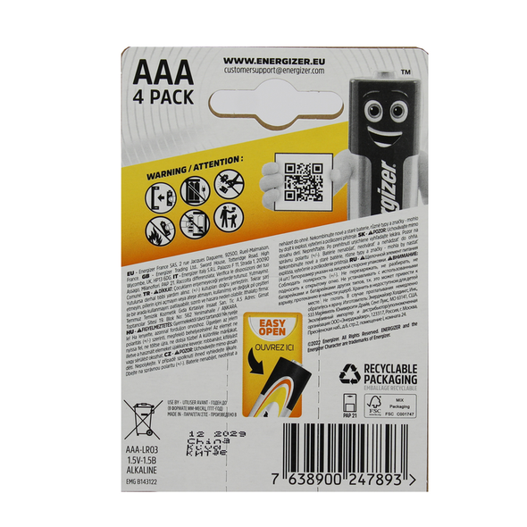 ENERGIZER AAA MINISTILO 1,5V ALKALINE POWER BLISTER 4 PZ