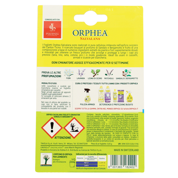 ORPHEA SALVALANA 12 FOGLIETTI PER CASSETTI E ARMADI AL PROFUMO DI SANDALO E BERGANOTTO