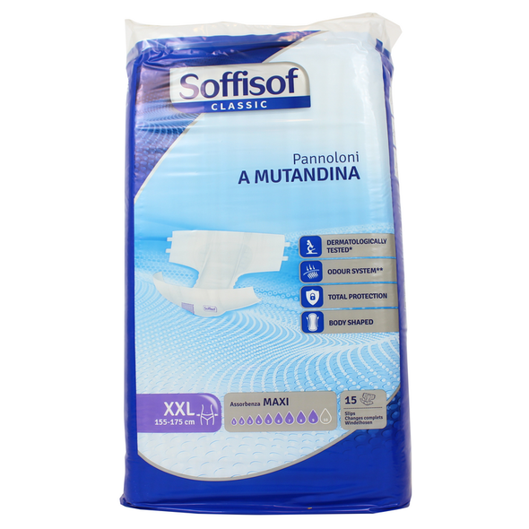 SOFFISOF PANNOLONI MUTANDINA ADULTI MISURA XXL GIRO VITA 155-175 CM BUSTA 15 PEZZI  ASSORBENZA MAXI 9 GOCCE DISPOSITIVO MEDICO CE DI CLASSE 1