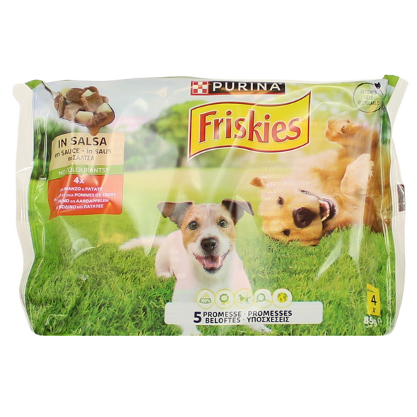 FRISKIES CANE BOCCONI CON MANZO e PATATE IN SALSA 4 BUSTE DA 85 grammi