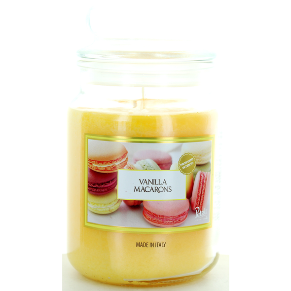 PETALI CANDELA PROFUMATA VANIGLIA MACARON IN ZUCCHERIERA DI VETRO DURATA 100h 510 grammi