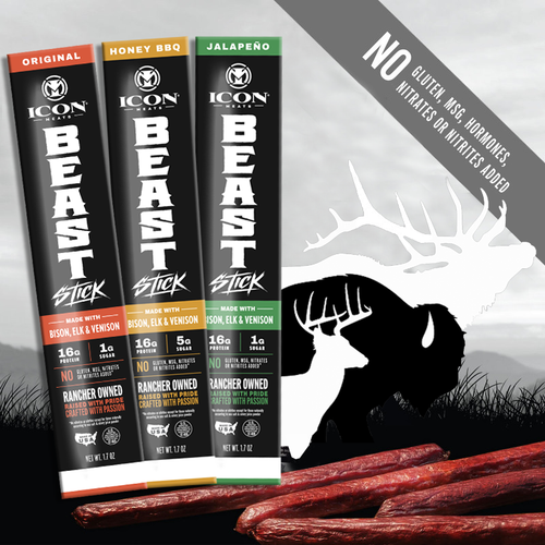 ICON Meats' BEAST Stick - Bison, Elk & Venison -  Original, Honey BBQ, Jalapeno - 16g Protein