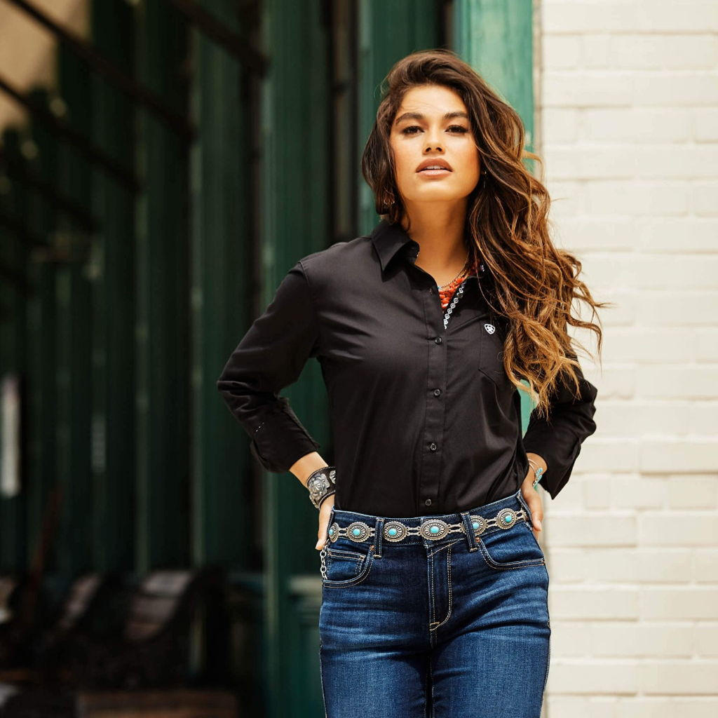 black stretch button down shirt