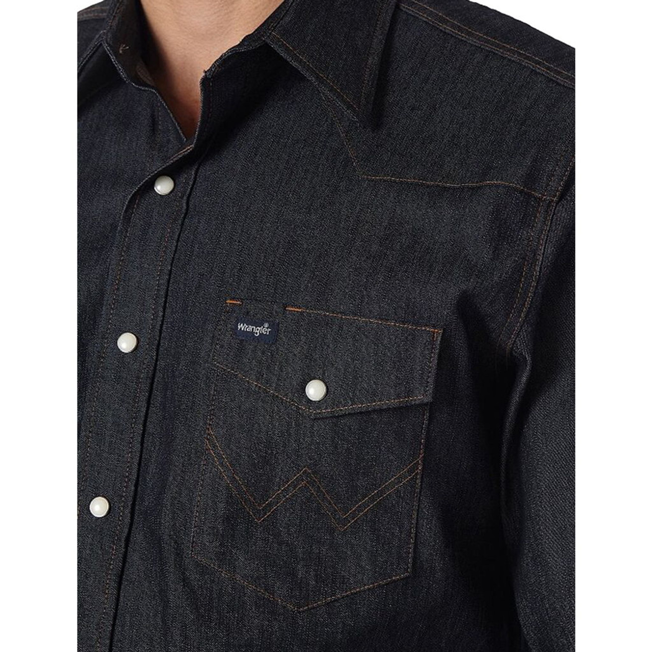 Wrangler Men's Denim Shirt Western Snap Front Black S M L XL XXL Regular  Fit New
