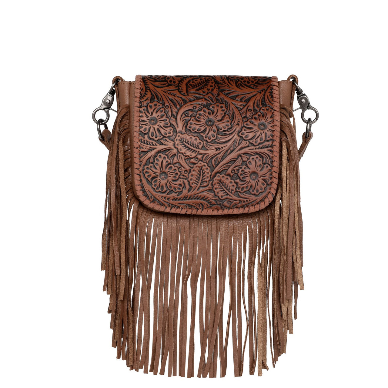 Montana West Genuine Leather Tooled Collection Fringe Crossbody Bag