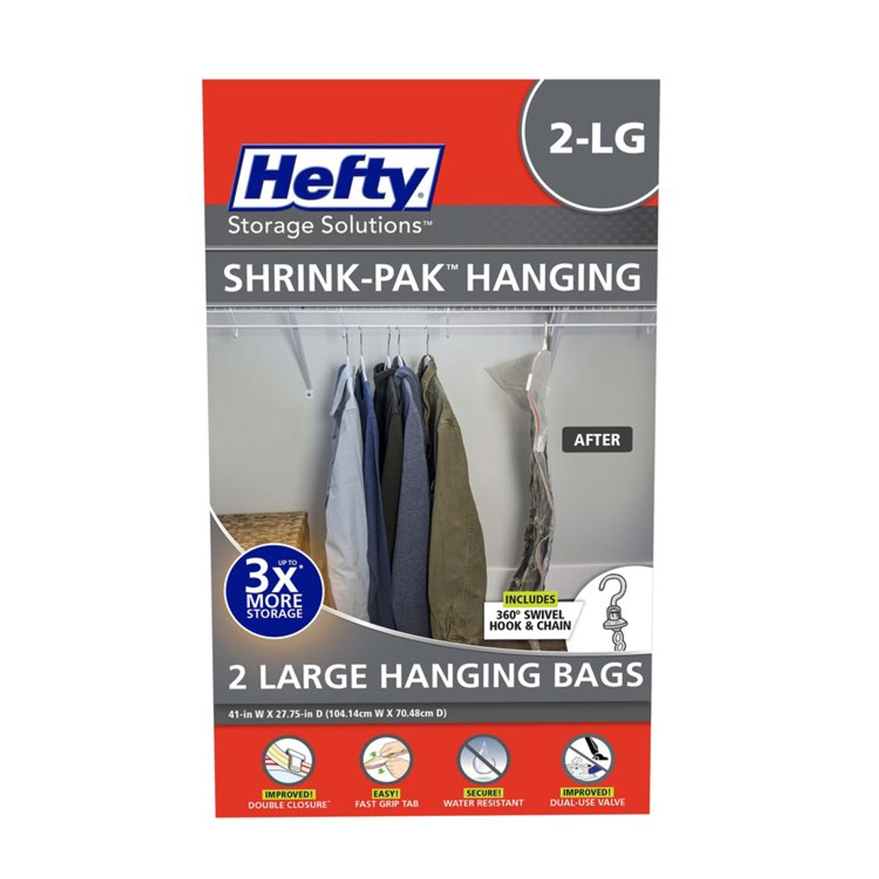 Hefty Shrink-Pak 2 Large Hanging Bags, Vacuum Compression Storage