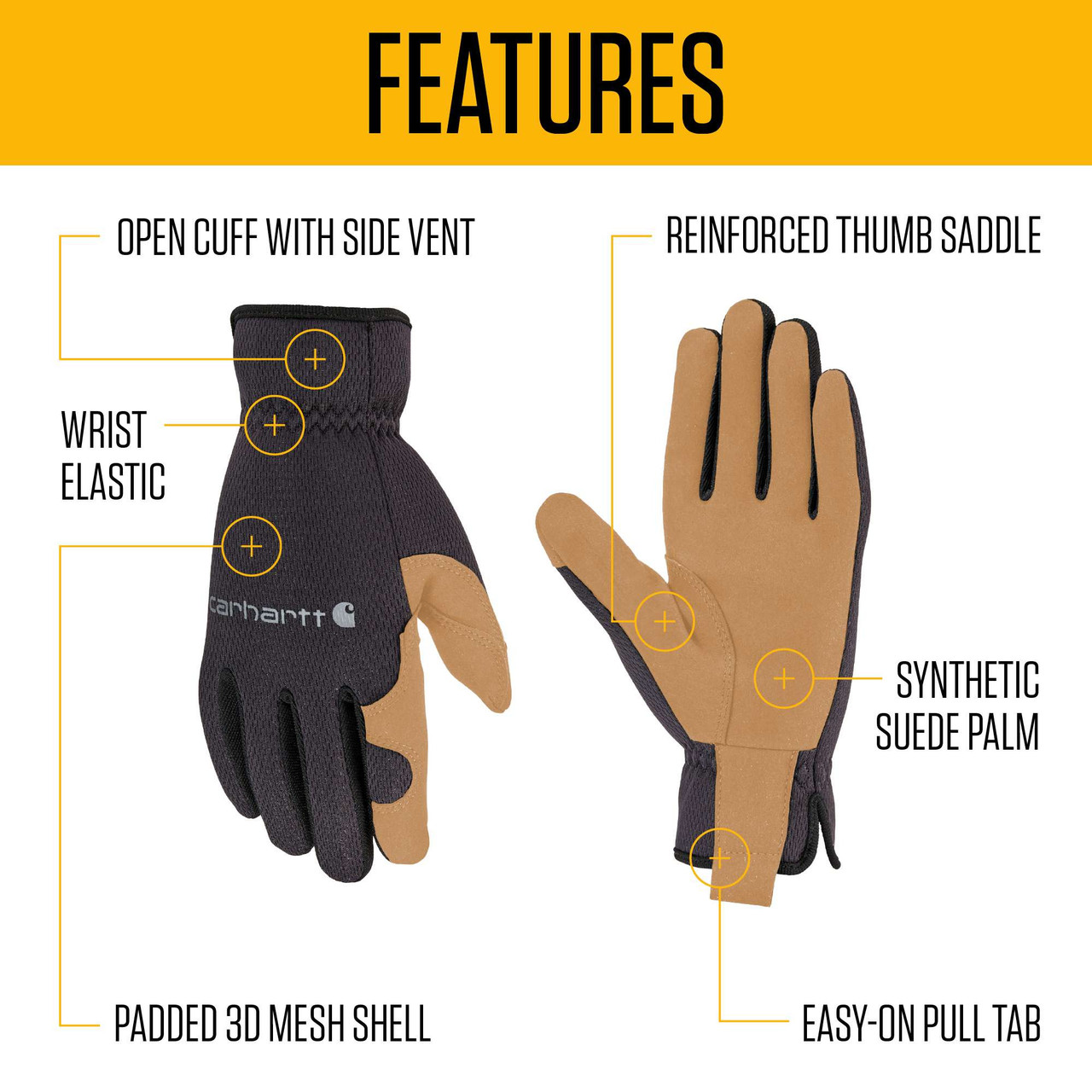 Carhartt Men's High Dexterity Open Cuff Glove - Black Barley