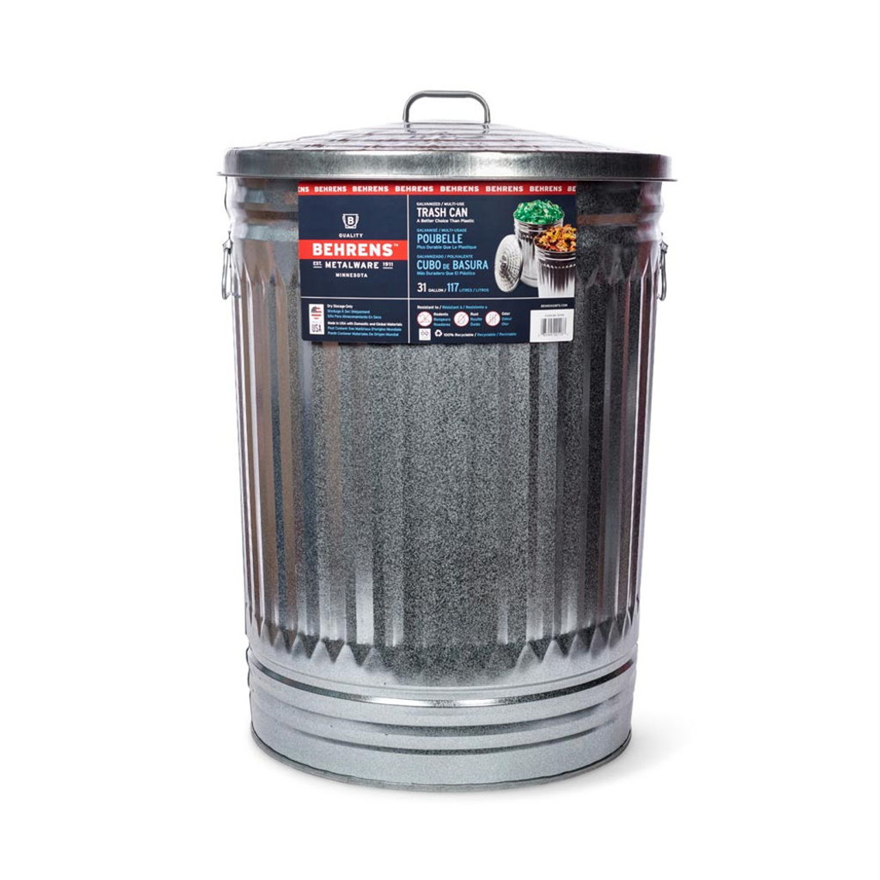 Behrens Galvanized Steel Trash Can With Lid - 31 Gal