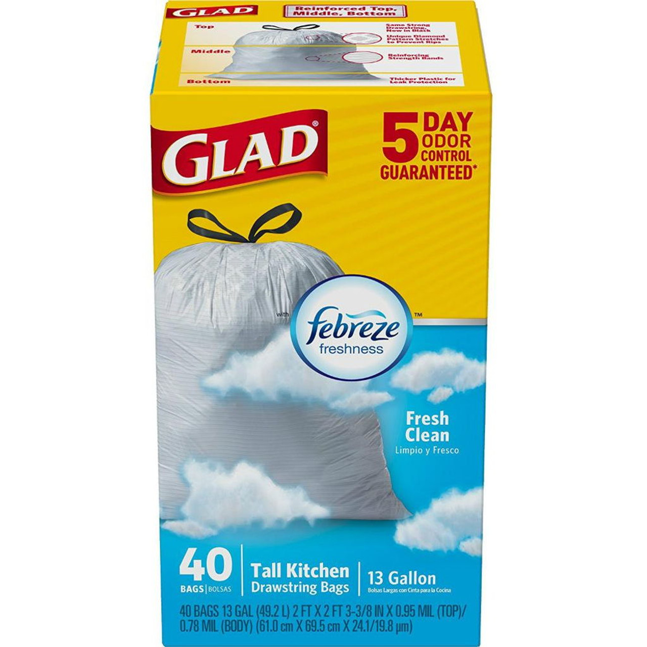 Glad ForceFlex Tall Kitchen Drawstring Trash Bags, 13 Gal, OdorShield, 80 Ct