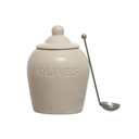 Creative Co-op Sonoma Olives Debossed Stoneware Jar with Slotted Spoon - 5-3/4" - White