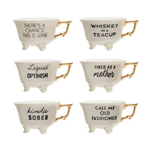 Creative Coop Stoneware Footed Teacup With Saying - Assorted