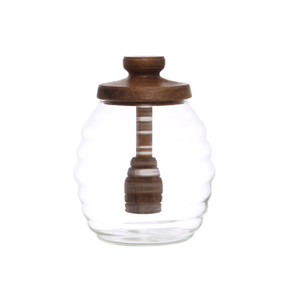 Bloomingville Glass Honey Jar with Acacia Wood Lid & Attached Honey Dipper - 14 oz - Natural