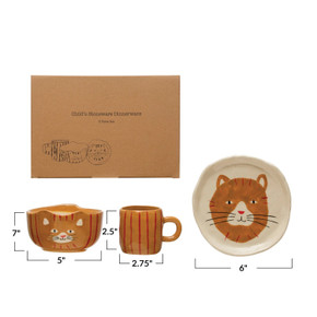 Creative Co-op Little One Hand-Painted Stoneware Plate with Cat Mug with Stripes & Bowl with Cat - 3 pcs