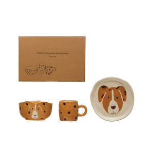 Creative Co-op Little One Hand-Painted Stoneware Plate with Dog Mug with Spots & Bowl with Dog - 3 pcs