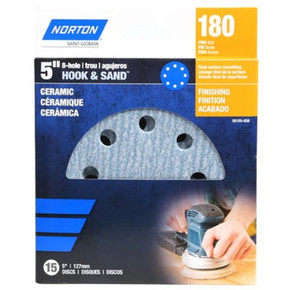 Norton 5" Hook & Sand Ceramic 8-hole Sanding Disc - 180 Grit