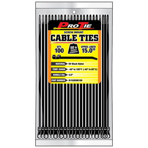 Pro Tie UV Black 15" Screw Mount Standard Duty Cable Ties - 100 pk