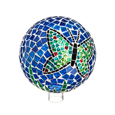 Evergreen 10" Mosaic Glass Gazing Ball, Teal Butterfly