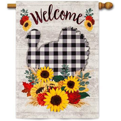 Evergreen Buffalo Check Turkey and Flowers Linen House Flag - 28" X 44"