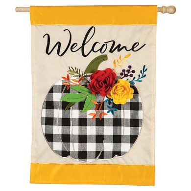 Evergreen Enterprises Welcome Floral Plaid Pumpkin Applique House Flag