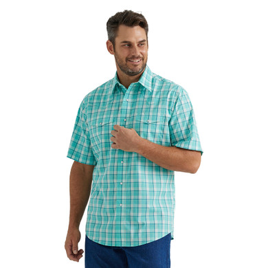 Wrangler Men's Classic Fit Wrinkle Resist Short Sleeve Western Check Shirt - Turquoise