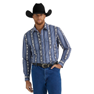 Wrangler Checotah Men's Classic Fit Long Sleeve Western Shirt - Navy