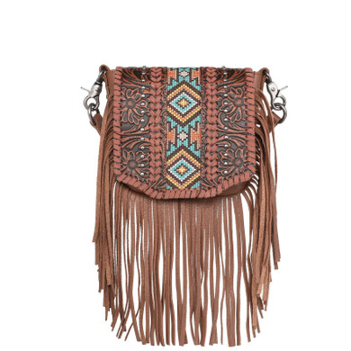 Montana West Genuine Leather Tooled Collection Fringe Crossbody - Brown