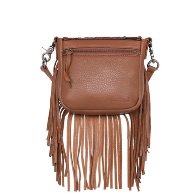 Montana West Genuine Leather Tooled Collection Fringe Crossbody - Brown