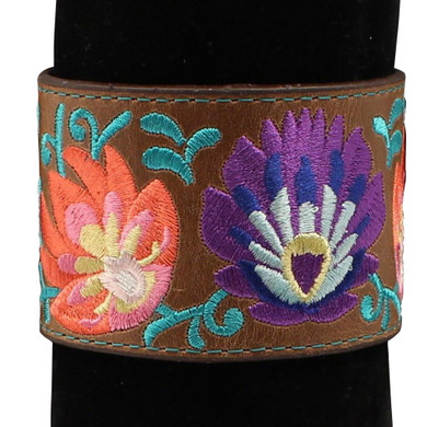 Silver Strike Women's Brown Leather Floral Embroidery Cuff Bracelet