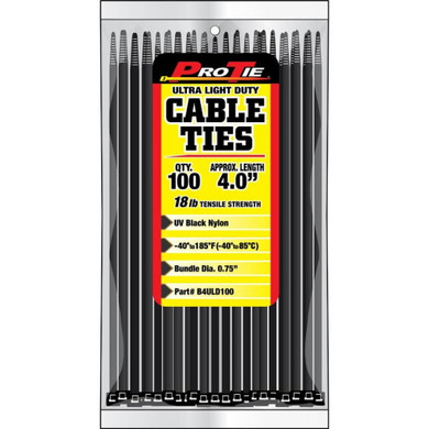 Pro Tie 8" UV Black Nylon Ultra Light Duty Standard Cable Tie - 100 pk
