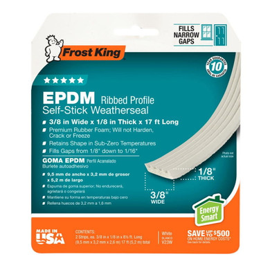 Frost King EPDM Rubber Ribbed Weatherseal - 3/8" X 1/8" X 17' - White