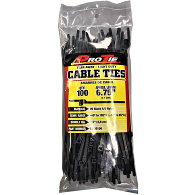 Pro Tie Black 6.75" EZ-off Tear Away Cable Ties - 100 pk